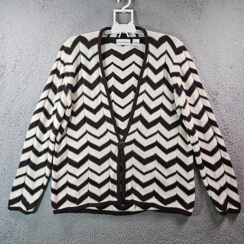 Alfred Dunner Cardigan Women Large Knit Wool Blend Zigzag Pattern Cream Brown -L